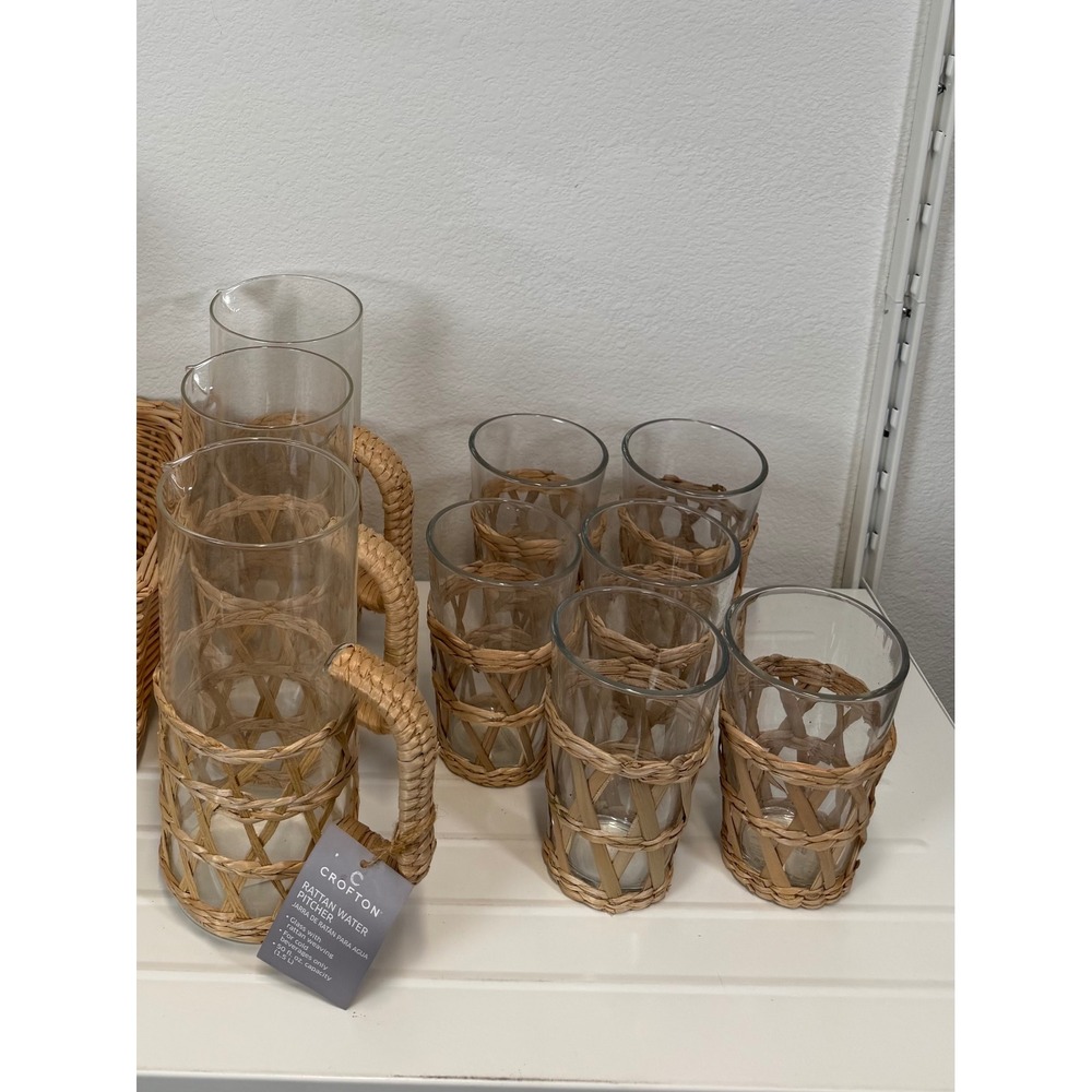 Crofton Rattan Water Pitcher and 6 Tumbler Glass Set Coastal Boho 50oz NEW